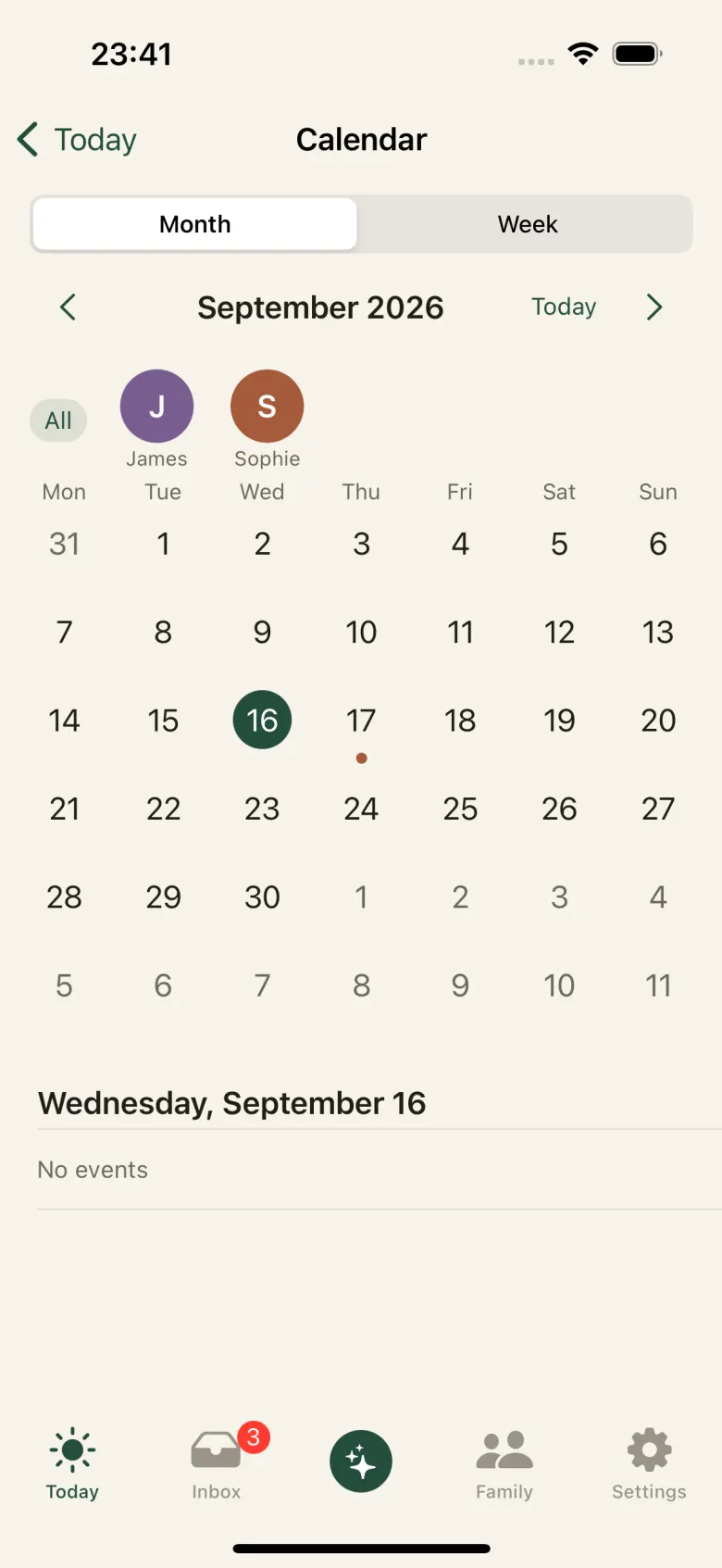 Calendar in month view: a grid starting Monday, a dot under the day with an event, and family avatars used as a filter.