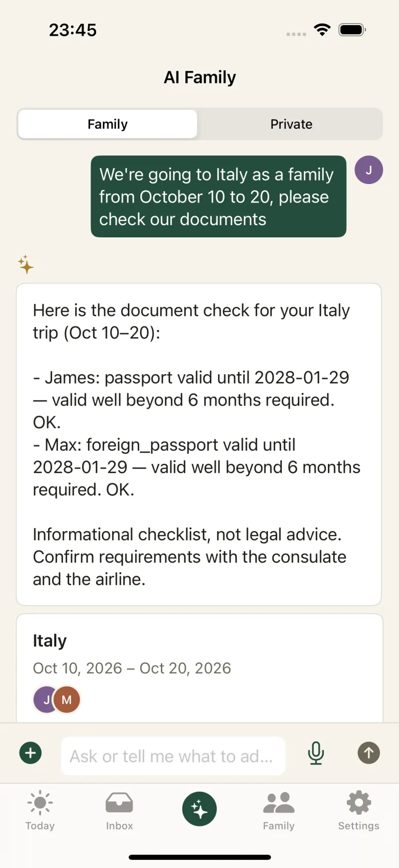 Family chat: a request to check travel documents for a trip to Italy and a proposed trip card with two travellers and the dates.