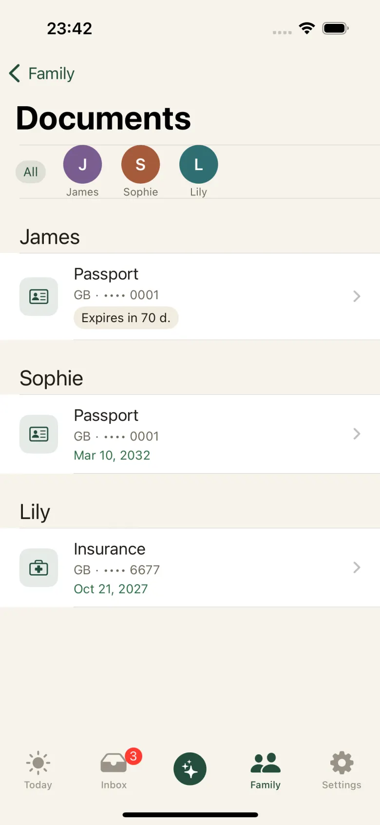 Documents vault: a shelf for each family member, a passport marked “Expires in 70 d.” and an insurance policy with its expiry date.
