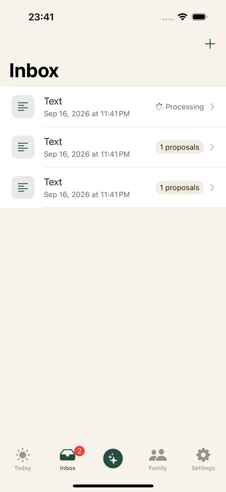 The Inbox list: a submitted text marked “1 proposals” and a badge on the Inbox tab.