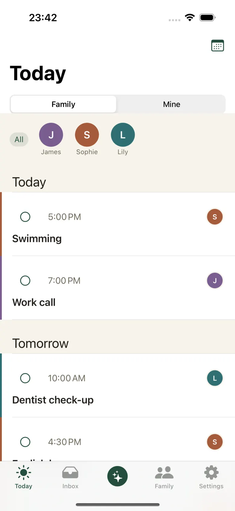 The Today screen: events for today and tomorrow, each with a time, a done circle and the colour of the family member it belongs to.