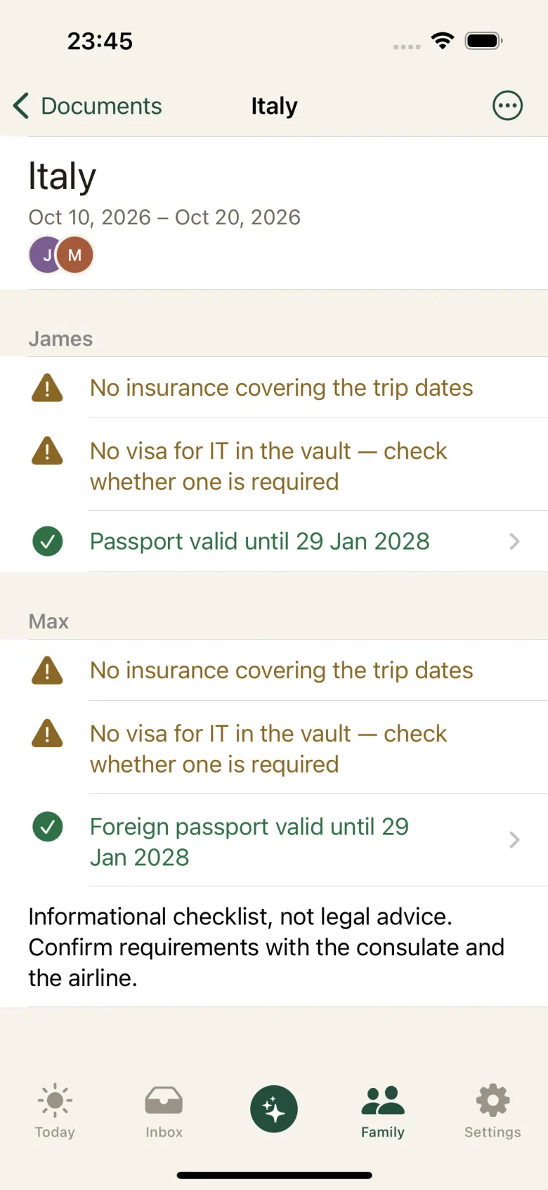 Trip checklist for Italy: two travellers, a green line for a valid passport and amber warnings about the visa and insurance.
